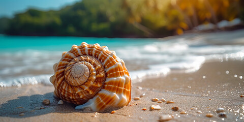 Seashell lying on the sand showcases the beauty of nature's craftsmanship. 