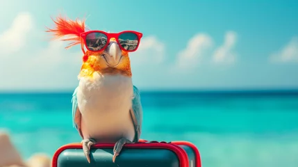 Fotobehang bird with funny sunglasses at boulders beach. bird wearing sun glasses and straw hat with sea and palm trees in background. happy bird resting on a beach on summer vacation © Nataliia_Trushchenko