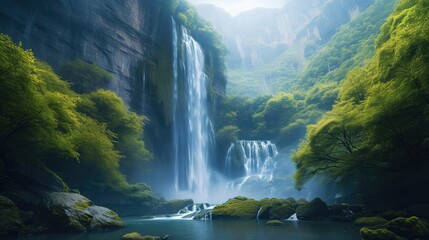 A mysterious valley, beautiful waterfall. Generative AI.