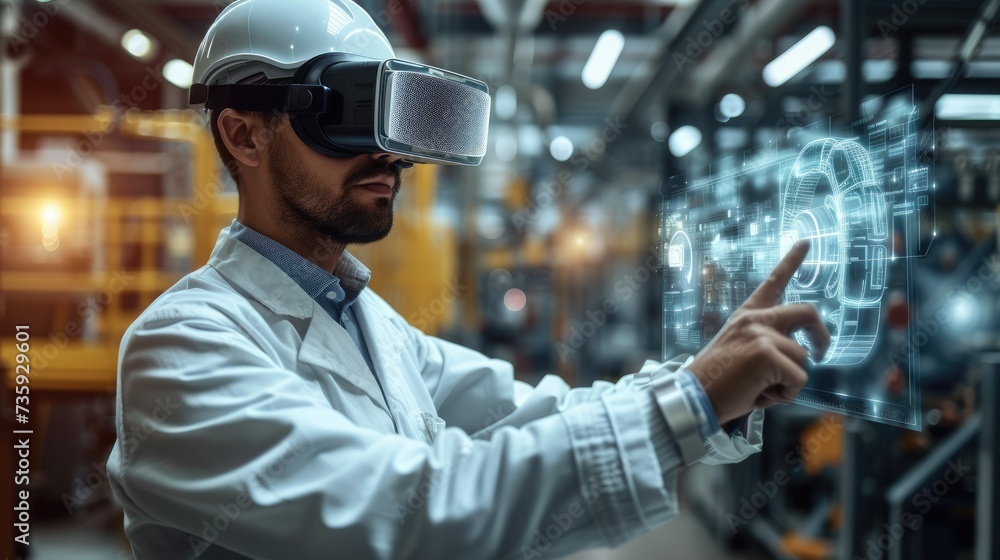 Aufkleber engineer wearing virtual reality headset, smart factory machine augmented reality technology futuris