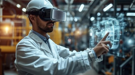 Engineer wearing Virtual Reality Headset, smart factory machine augmented reality technology futuristic industry VR technology, engineer in factory using computer to control machine. Generative AI.