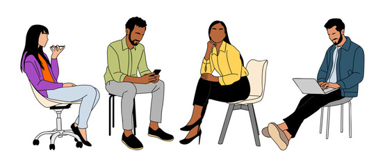 Business people sitting, taking part in meeting, business event. Set of Different female, male characters with laptop, smart phone. Collection of vector colored outline drawings isolated.