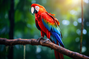Obraz premium Scarlet macaw, parrot in the forest on nature green forest background.