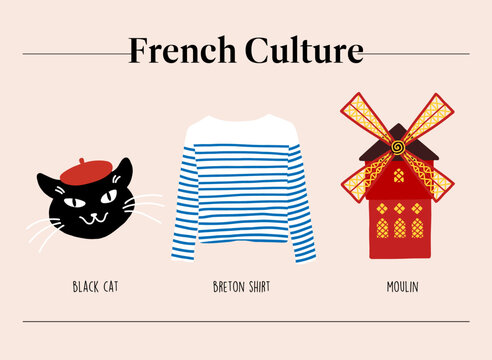 French culture such as black cat, striped Breton shirt and the moulin rouge
