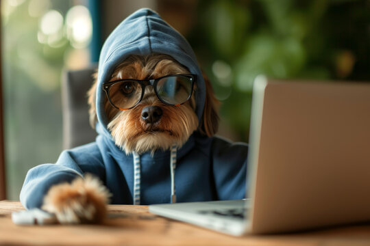 Smart Concentrated Dog Is Working On Project Online. Using Computer Laptop. Pet Wearing Glasses And Hoodie. Freelancer Work From Home During Quarantine Social Distancing Lifestyle.