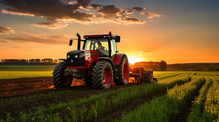 Farmer leveling soil using tractor in farm