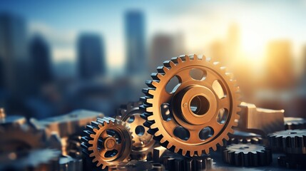 Gears mechanism on panoramic business background: symbolizing success and efficiency

