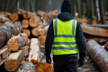 Foto op Canvas lumberjack with reflective vest walking among logs © primopiano