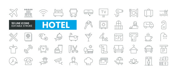 Set of 50 Hotel line icons set. Hotel outline icons with editable stroke collection. Includes Hotel, Room Service, Waiter, Restaurant, Taxi, and More.