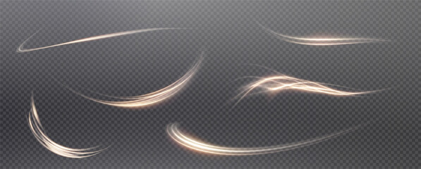 Vector png background with gold glowing lines. Gold glowing lines of speed. Light glow effect. Light trail wave, fire trail line and glow curve swirl. - obrazy, fototapety, plakaty