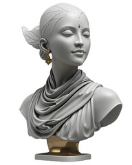 Gray bust of woman with beautiful gold jewelry isolated on PNG background. Generative AI.