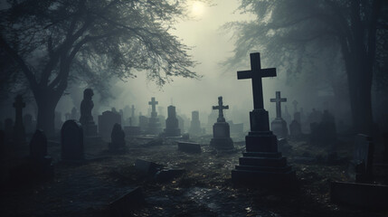 Fog and horror in the cemetery