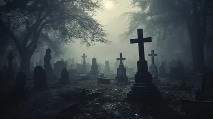 Fototapete Vereinigte Staaten Fog and horror in the cemetery