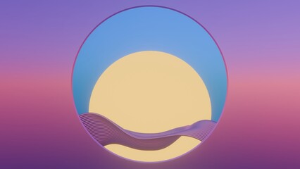 This 3D Image features a minimalist design of retro waves with a sun, offering a blend of modern aesthetics and nostalgic elements.