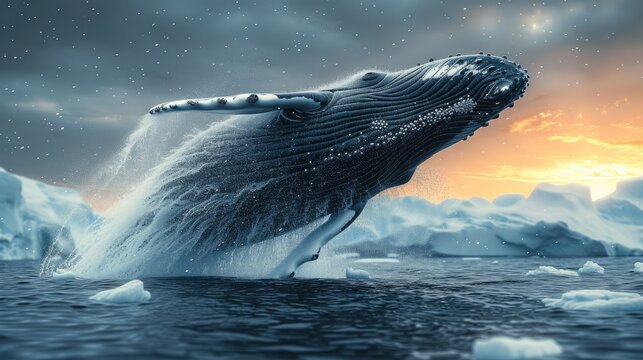 A humpback whale leaping from the water before icebergs. Generative AI.