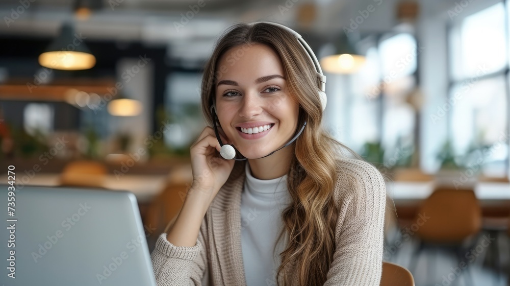 Poster A friendly smiling woman with headset working with laptop and talking while calling client. Generative AI.