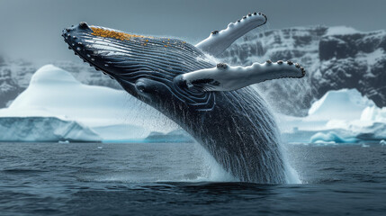 Fototapeta premium A humpback whale leaping from the water before icebergs. Generative AI.