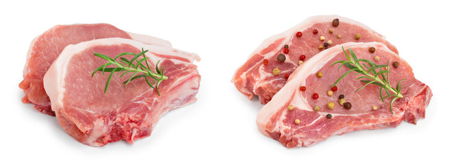 sliced raw pork meat with rosemary isolated on white background