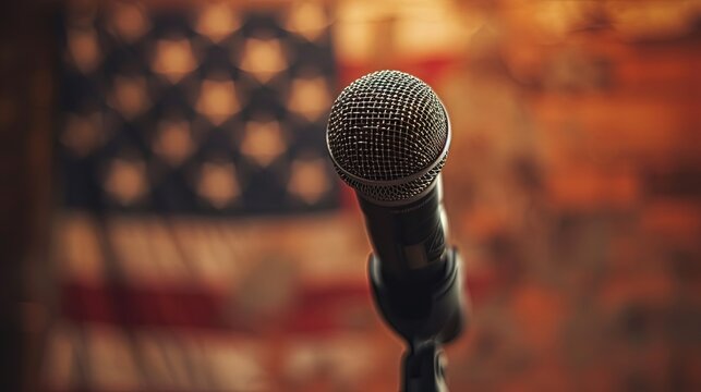 A focused image of a microphone with a blurred American flag in the background, representing the power and significance of speech in American democracy. Generative AI