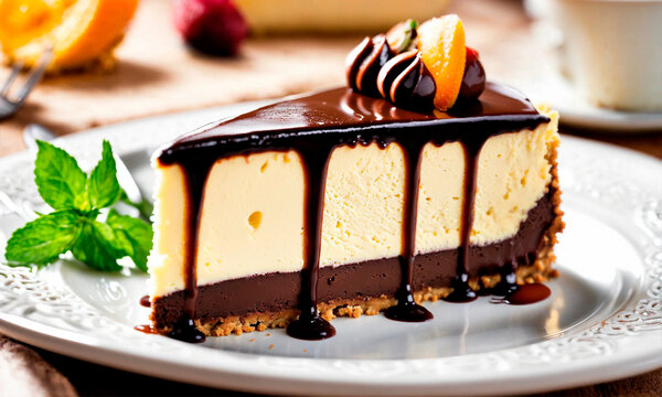 cheesecake with chocolate glaze. Selective focus.