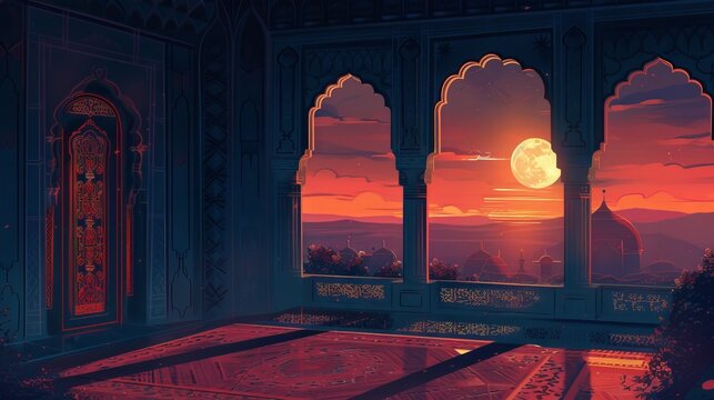 Mosque window with moonlight and Islamic patterns - a beautiful and serene illustration in warm colors