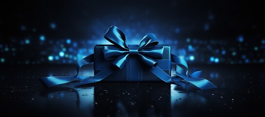 close up of black gift with blue ribbon on black background