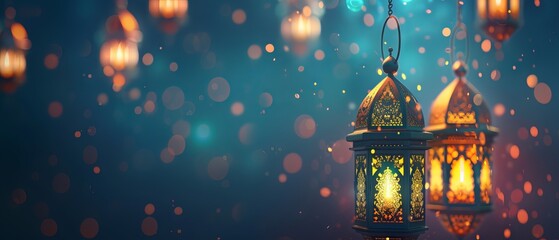 Arabic lanterns glowing in the dark for Ramadan celebration, with blank space for text or logo. Vector illustration of Islamic culture and tradition.