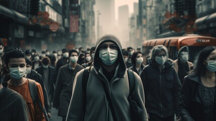 A crowd of people of different nationalities in medical face masks is walking along a city street. Virus pandemic, Air pollution, biological and chemical attack concepts.