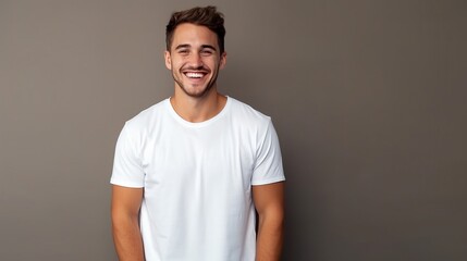 Caucasian Man Radiates Happiness in Clean White Mock-up T-shirt