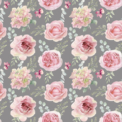 Seamless pattern with pink roses flowers and eucalyptus leaves. Watercolor floral background. Romantic illustration for print or fabric. Retro summer bouquet on grey background