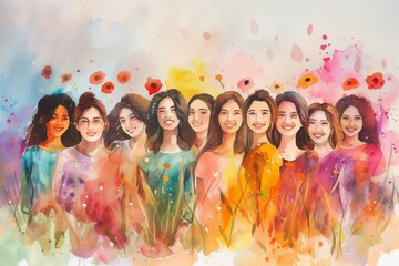 United in Strength: Watercolor-Style Illustration of Happy Women for International Women's Day, generative ai