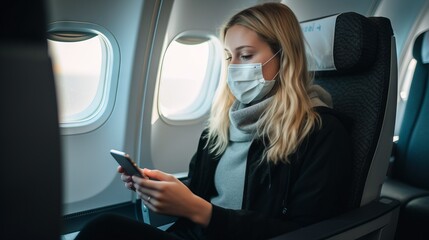 A beautiful young woman in a mask uses a smartphone on an airplane during a flight. The virus pandemic concept.