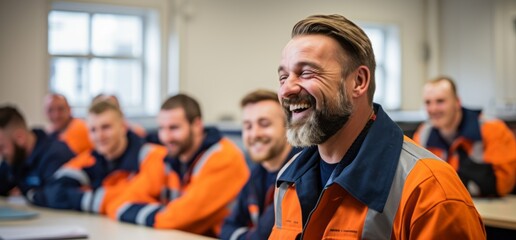 Worker in overalls, smiling in classroom for training - obrazy, fototapety, plakaty