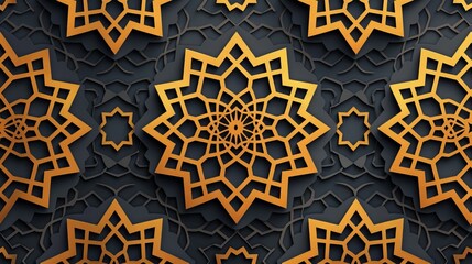 Islamic gold ornament vector on a geometric 3d shape background. Arabic pattern texture with traditional motifs.