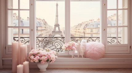 French window in pink tones, pastel romantic apartment