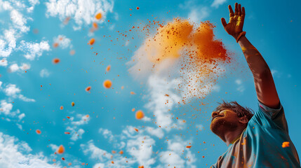 An indian man throwing gulaal in the air, holi celebration