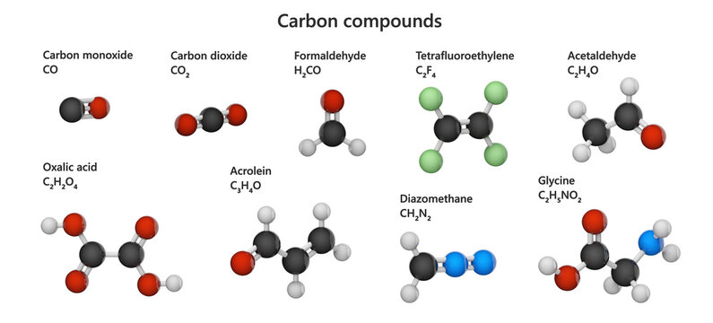 Various carbon (C) compounds: oxide, formaldehyde, tetrafluoroethylene, acetaldehyde, oxalic acid, acrolein, diazomethane, glycine. 3d illustration