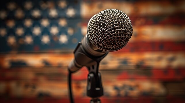 A focused image of a microphone with a blurred American flag in the background, representing the power and significance of speech in American democracy. Generative AI