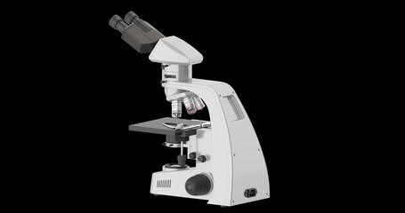 Realistic 3d illustration of a microscope. Pharmaceutical and educational tool. A magnifying tool for research. A symbol of science and chemistry. Isolated on black background