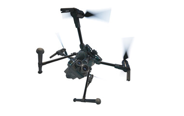A modern aerial drone (quadcopter) with remote control, flying with an action camera. 3d illustration. Isolated on white background