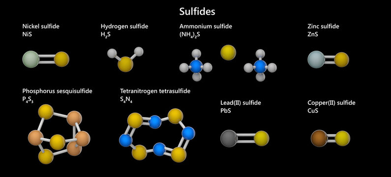 Sulfide (sulphide) is an inorganic anion of sulfur with the chemical formula S2?. Sulfides of nickel, hydrogen, ammonium, zinc, phosphorus, nitrogen, lead and copper. 3d illustration.