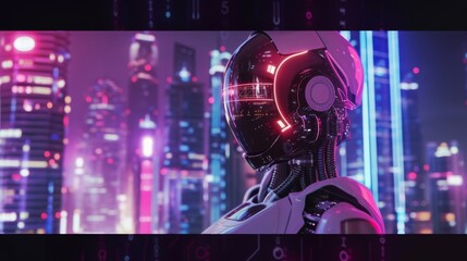 In a futuristic cityscape, a cyborg robot stands amidst pink neon lights, casting reflections on skyscrapers, embodying a sci-fi aesthetic