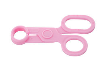 Children's educational toys, medical tools, plastic scissors on white background. An educational toys for kids placed	