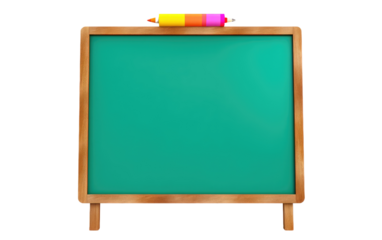 Green Chalk Board With Two Crayons. A green chalk board with two crayons placed on top, creating a simple and colorful scene.