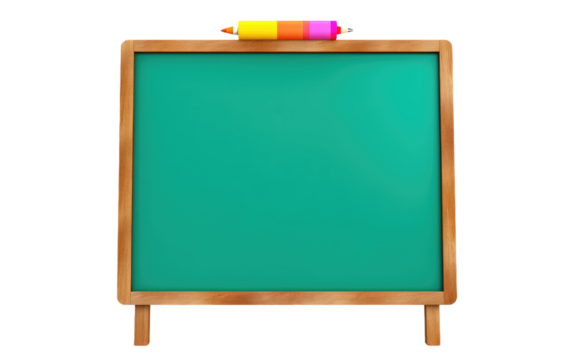 Green Chalk Board With Two Crayons. A green chalk board with two crayons placed on top, creating a simple and colorful scene.