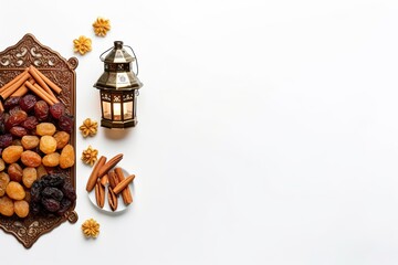 Fototapeta premium Flat lay composition with Arabic lantern and snacks on White background. Space for text. copy space - generative ai