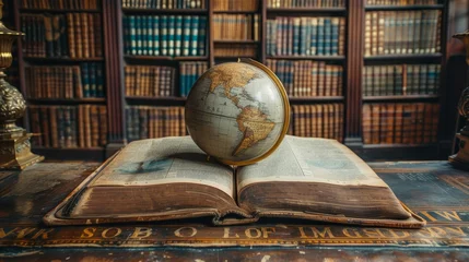 Foto op Plexiglas Against a background of bookshelves in a library, an old globe lies on an open book. Selective focus. Retro style. Description: Education history and geography team, science, education, travel. © Zaleman
