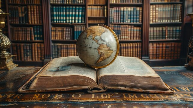 Against a background of bookshelves in a library, an old globe lies on an open book. Selective focus. Retro style. Description: Education history and geography team, science, education, travel.