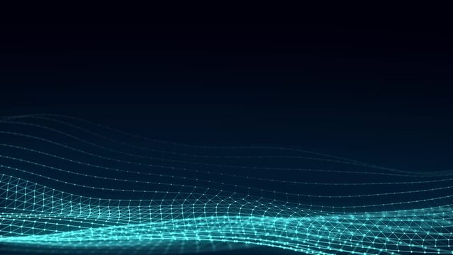 Glowing blue wave with motion dots and lines. Abstract digital background. Concept connection big data. Futuristic technology backdrop. 3D rendering.