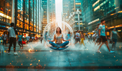 une femme médite, assise dans une bulle au milieu d'un environnement urbain stressant